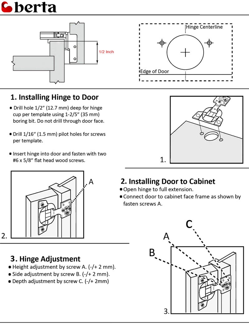 Berta 2-Pack, 1/2 inch Overlay Soft Closing Face Frame Cabinet Hinges, 105 Degree 6-Ways 3-Cam Adjustment Concealed Kitchen Cabinet Door Hinges with Screws (1/2 in. Overlay, 2 Pieces) - Image 3